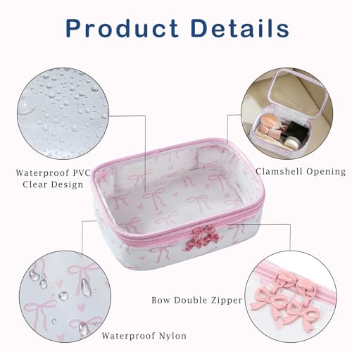 Cute Clear Makeup Bag with Bow Pattern,Transparent Nylon Travel Cosmetic Case with Zipper,Portable Makeup Organizer Pouch for Essentials(01Pink)4