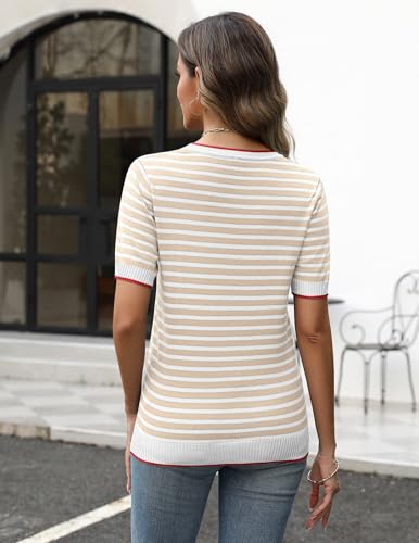Image of Zeagoo Womens Summer Tops Casual Short Sleeve Striped Sweater Shirt Crewneck Color Block Knit Blouses