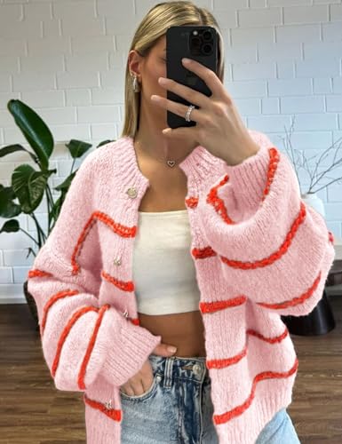 Image of QIBABU Womens Striped Cardigan Sweaters Casual Open Front Long Sleeve Button Down Knit Outwear
