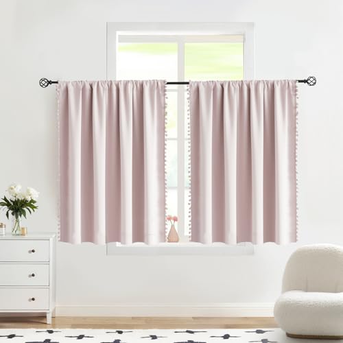 Image of Treatmentex Pompom Pink Full Blackout-Curtains for Bedroom, Thermal Insulated Small Curtain Drapes for Baby Nursery Room Basement 52 inch W x 45 inch L 2 Panels Rod Pocket