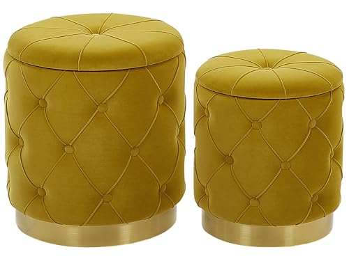 Beliani Set di 2 Pouf Contenitore Poliestere Senape Imbottitura Trapuntata Base Oro