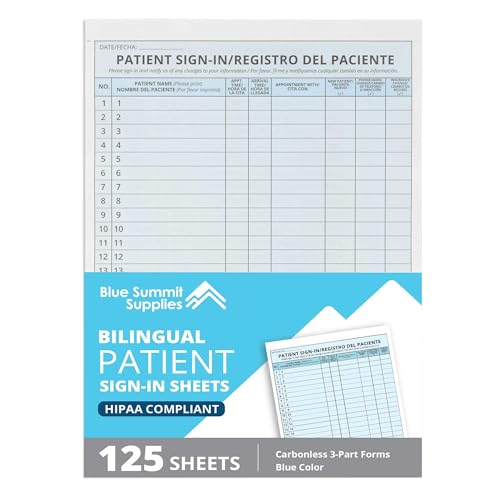 Image of Blue Summit Supplies 125 Bilingual Patient Sign in Sheets, HIPAA Compliant, English and Spanish, Peel Off Adhesive Labels Carbonless 3 Part Forms with, for Doctors Office, Blue, 125 Pack