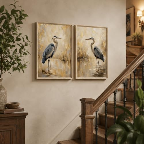 Image of Artify Set of 2 Heron Bird Wall Painting for Living Room Bedroom Hall Office Decor, Premium Wooden Synthetic Frame Beige Luxury Artwork Gift