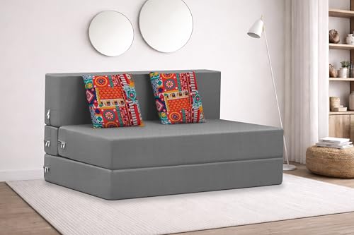 Image of Rosebell Two Seater Foldable Sofa Cum Bed (4x6 Feet) ? Jute Fabric, Washable Removable Cover, Includes Cushion | Space Saving Convertible Sofa Bed for Home, Office & Guests - Grey
