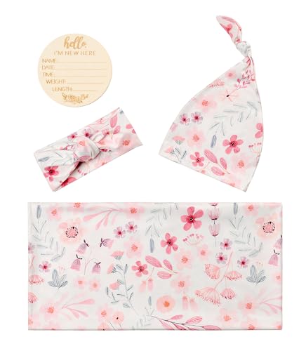 Image of Newborn Floral Print Blanket Baby Stretch Wrap Swaddle Receiving Blanket with Matching Headband and Beanie (Small Flower and Leaf)