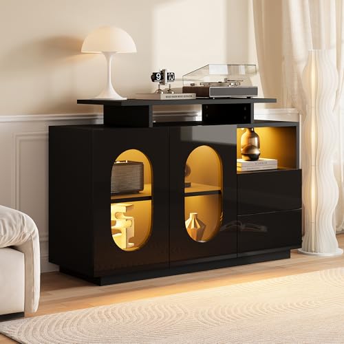 HaoChrymec Sideboard LED con Madera Técnica, Puertas De Cristal Ovaladas Y Frente De Alto Brillo, Aparador Moderno con Iluminación Integrada, Mueble Vitrina O Minibar, Negro, 120×40×80 cm