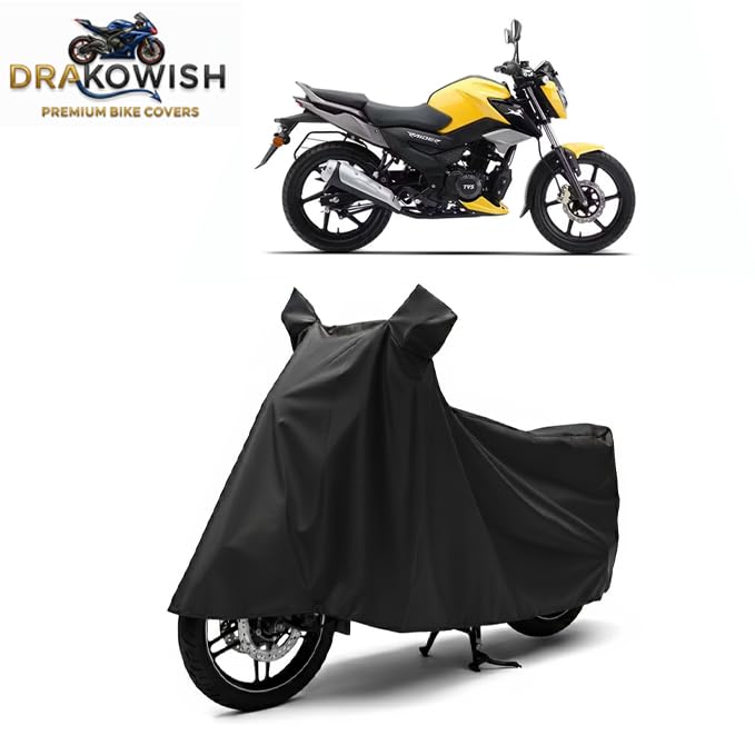 Image of DRAKOWISH Waterproof Bike Cover for Tvs Raider 125 | All Weather Protection from Rain, Dust, UV Rays & Scratches with Mirror Pockets & Buckle Belt | Raider 125 Bike Cover