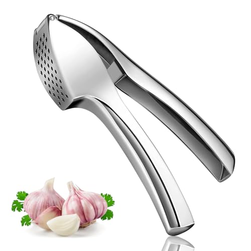 Woobroo Premium Garlic Press, Heavy Duty Garlic Crusher and Mincer, Crush Garlic and Ginger Effortlessly, No Need to Peel, Rust Proof, Easy to Clean, Dishwasher Safe, Silver