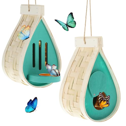2 Pcs Butterfly House and Feeder Set, Natural Wooden Hanging Butterfly House for Garden Natural Butterfly Habitat with Butterfly Puddler for Bugs Butterflies