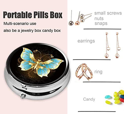 Pill Box Round Silver Pill Case Portable Medicine Tablet Holder Pill Organizer Decorative Travel Pocket Or Purse Golden Butterfly #TOP2