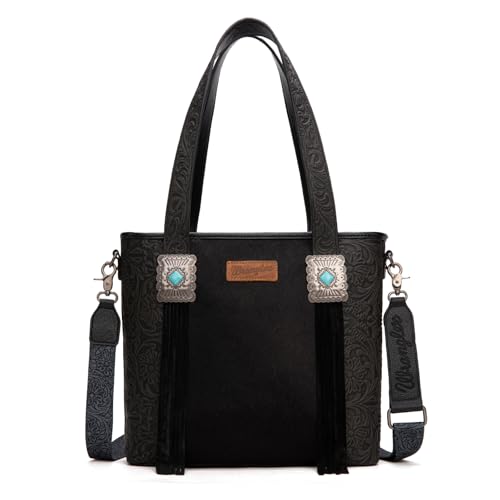 Image of Montana West Wrangler Cowhide Tote Bag for Women Western Tooling Handbag Leather Fringing with Turquoise Stone Concho