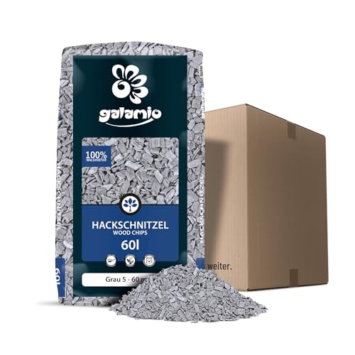 GALAMIO Holzhackschnitzel Grau Kiefer 5-60 mm - 60L - Farbiger natürlicher Unkrautschutz