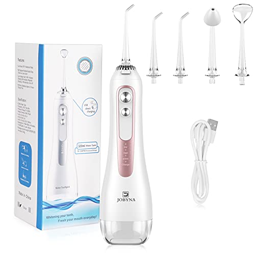 Water Pick Teeth Cleaner, Portable Water Flosser Cordless for Teeth, 320ML Dental Oral Irrigator with 3 Modes 4 Jet Tips, USB Charged, Ideal for Travel, Braces, Bridges Care (Rose Gold)