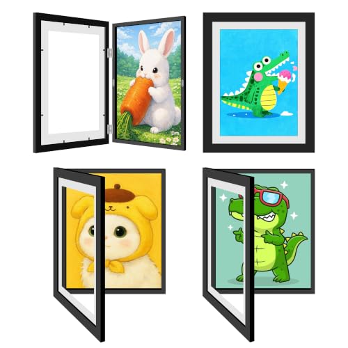 4 Pack Kids Artwork Frames Changeable 9 x 12 Inch Children Art Projects Children Art Frames Front Opening Picture Display Frame Holds 150 Drawings for Craft Storage, Room Decor, Portfolio, Black