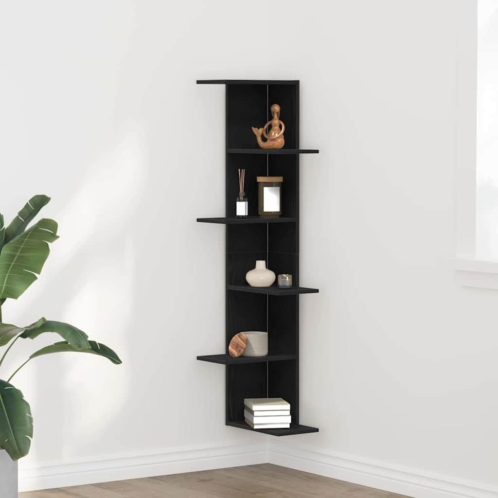 Estantería esquinera de pared de roble negro, 36,5 x 36,5 x 140 cm, 5 estantes, material de madera, moderno y resistente, fácil de montar, para pared, baño, cocina, salón, pasillo y
