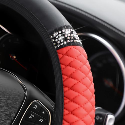 Image of Osilly Bling Car Steering Wheel Cover, 15 Inch Rhinestones Soft Leather Elastic Steering Wheel Protector, Sparkly Crystal Diamond for Women Girls, Car Interior Accessories for Most Cars (Red)