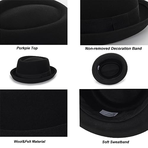 Image of Mens Flat Top Porkpie Hat Bowler Hats - Black Wool Hat with Band(S-M)
