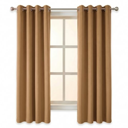 Image of 100% Blackout Window Curtains, 5 Feet, Solid Design, Faux Silk, Thermal Insulated, Noise Reducing Eyelet Door Curtain with Tie Back for Living Room & Bedroom, 115x150cm, Pack of 2 - Gold