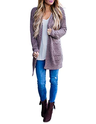 MEROKEETY Women's Long Sleeve Soft Chunky Knit Sweater Open Front Cardigan Outwear with Pockets