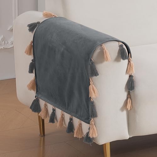 Image of HOKIPO Premium Holland Velvet Armrest Covers with Tassel for Sofa - 'TasselTone Series' (2 Pcs), Graphite Grey (IN-1102-DGRY*2SM)
