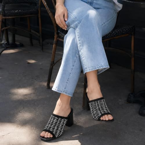 Image of Tilocow Knit Heeled Sandals for Women Square Open Toe Heeled Mules Chunky Block Low Heel Slip On Slides