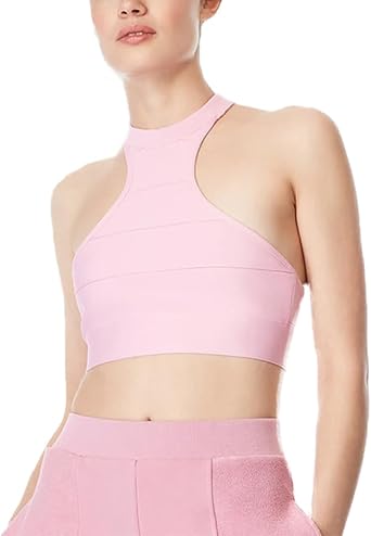 Womens Pink Bandage Top Halter Bandage Crop Tops Athletic Casual Tops for Leggings Sexy