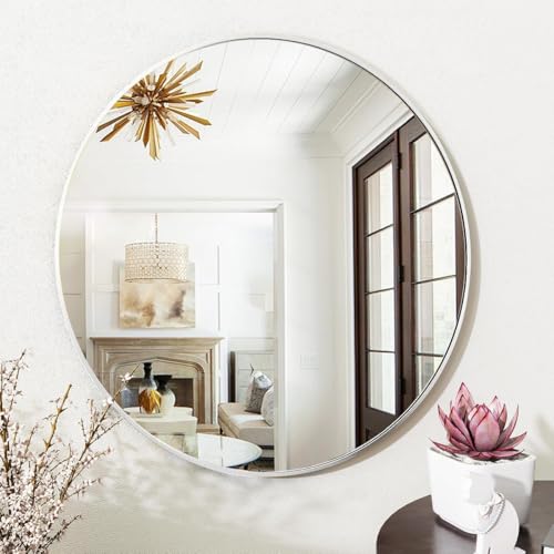 Image of Round Wall Mirror with Durable Wooden Frame - 18 inch (Grey) | Modern Decorative Wall Hanging Mirror for Bathroom, Bedroom, Basin, Dressing Table, Entryway & Home Interior Decor
