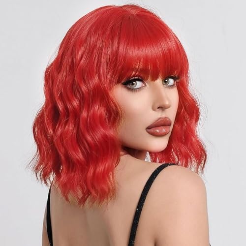 Ucubb Short Bob Wavy Wig with Bangs for Women Loose Curly Wig