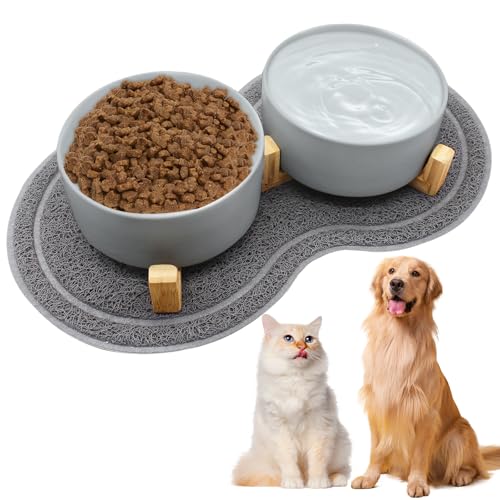 Hundenapf Keramik 850ml Doppel Futternapf Hund mit Bambus Ständer und Rutschfestem Matte, Hundenapf Set Erhöht Hunde Napfset, Erhöhte Futterstation Hund 2er Set für Katzen Kleine Mittelgroße Hunde
