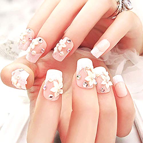 Barode False Nails Glitter Rhinestone Pearl Flower Full Cover Acrylic Fake Nails Wedding Birthday Party Clip on Nails for Women and Girls