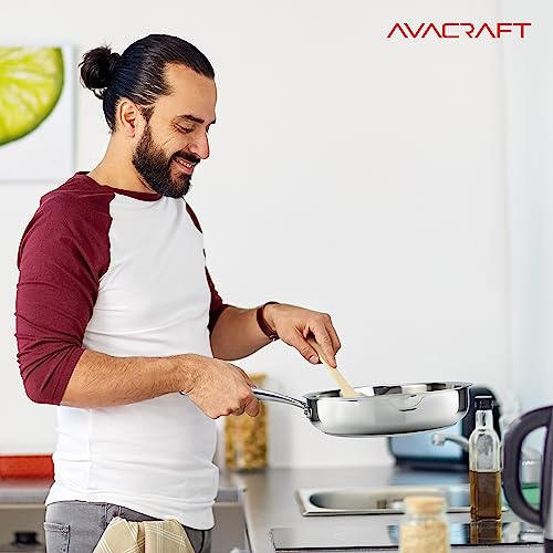 AVACRAFT 18/10 Tri-Ply Stainless Steel Frying Pan with Lid, Side Spouts, Stay Cool Handle, Induction Pan, Versatile Stainless Steel Skillet, Fry Pan in our Pots and Pans (Tri-Ply Full Body, 10 Inch)