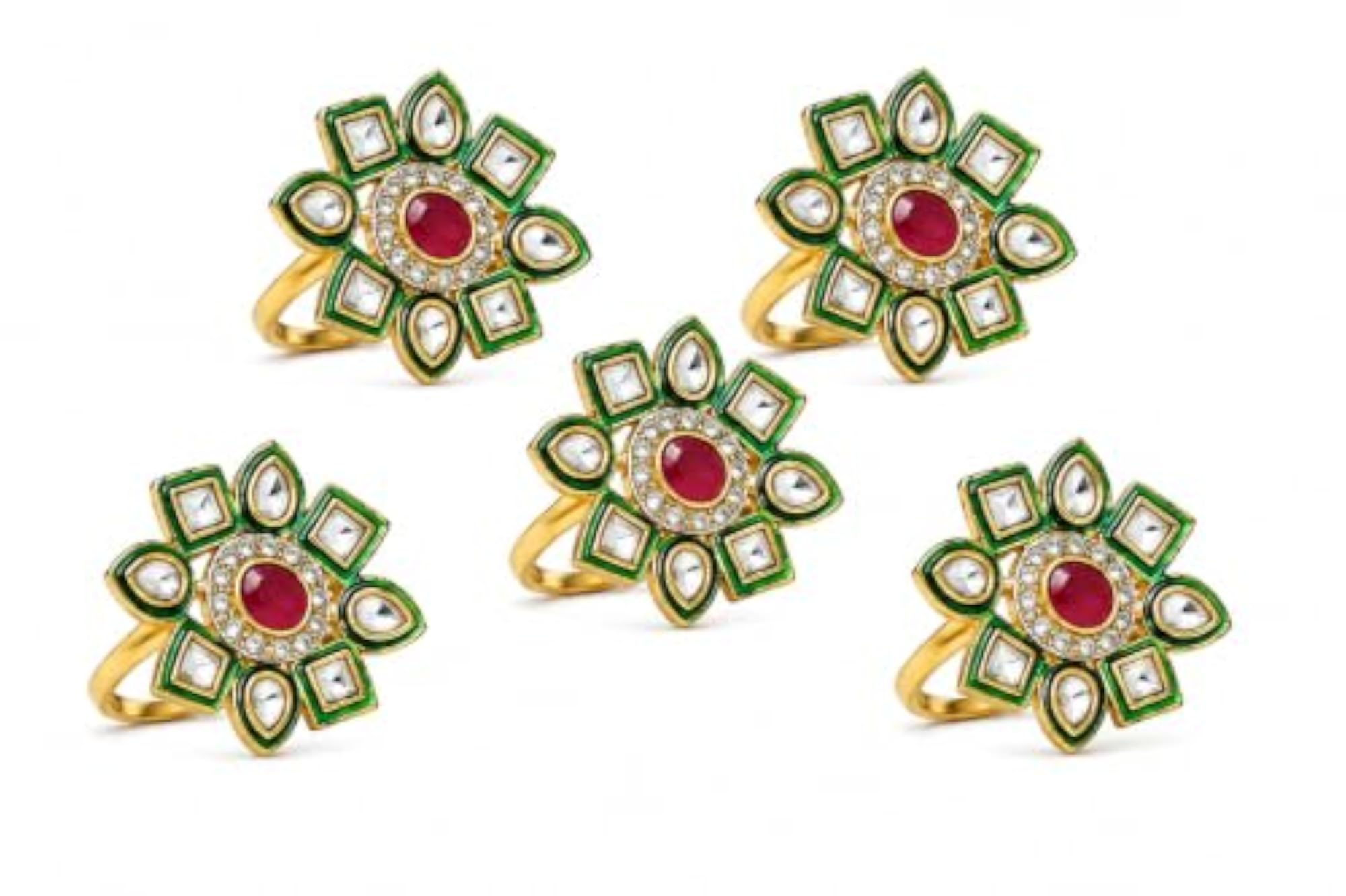 Kundan Ring with Green Enamel and Ruby Centre Stone, Elegant Gift