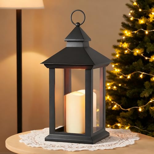 JOIONE Lanterns Decorative Indoor, 14' Battery-Powered Waterproof Black LED Candle Lanterns with Timer for Patio & Outdoor, Vintage Hanging Lantern for Xmas Home Decorations, Transparent