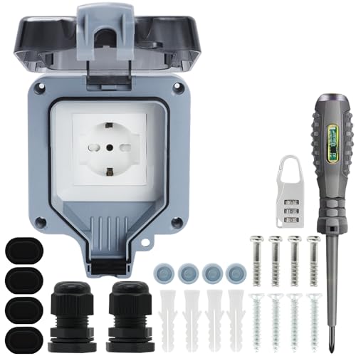 【Design Multiuso】La presa esterna IP66 resistente alle intemperie è impermeabile, resistente alla polvere e all'umidità e può essere utilizzata in lavanderie esterne, officine, garage, giardini, piscine e applicazioni commerciali, nonché cucine interne, lavanderie, bagni e scantinati. Accessori inclusi: 8 viti, 4 perni ad espansione, 8 guarnizioni in gomma (nera/grigia), 1 cacciavite per prove elettriche, 2 connettori per cavi, 1 lucchetto a combinazione.