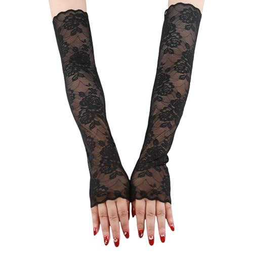 UV Protection Lace Arm Sleeves Womens Floral Lace Sleeves Hollow Out Long Sunscreen Gloves Fingerless Driving Gloves (B-Black)