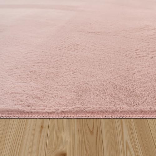Paco Home Teppich Wohnzimmer Kunstfell weich waschbar modern elegant pflegeleicht Felloptik Uni Seidenglanz flauschig Hochflor, Grösse:Ø 100 cm Rund, Farbe:Pink
