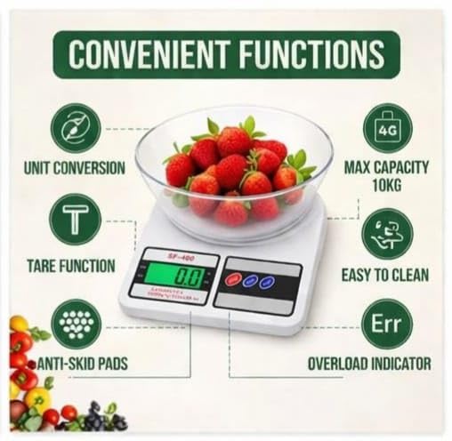 Image of HOSANA Series Digital Kitchen Weighing Scale 10 kg, Electronic Weight Machine with LCD Display for Baking, Cooking, Food & Diet, SF-400 /A121.
