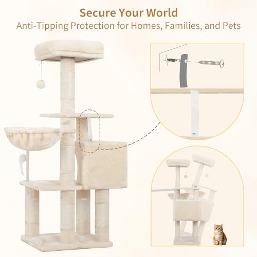 Image of Heybly Cat Tree with Toy, 43.3 inch Cat Tower for Indoor Cats HCT004SM | Cat Condo with Durable Sisal Scratching Posts, Cat House with Padded Plush Perch, Cozy Hammock, Beige