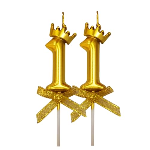 Image of 2 Pc 11 Number Candle for Birthday Cake Metallic Gold Number Candle with Crown on Top for Anniversary Cake Topper 11tt Birthday Cake Decoration (Pack of 2, Gold).