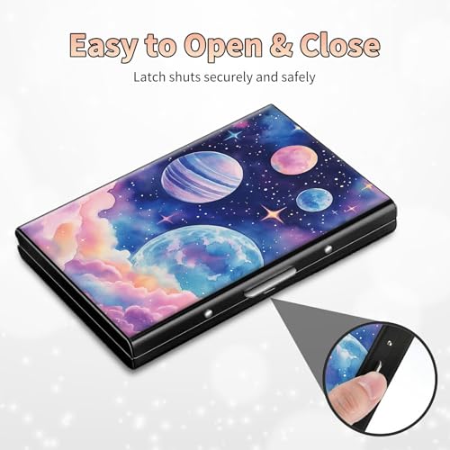 Image of Slim Credit Card Holder, Pink Starry Planets RFID Blocking Metal Wallet for Men & Women, Aluminum Minimalist Hard Case Pocket-Sized Business Cards Organizer (Fits Up to 10 Cards)