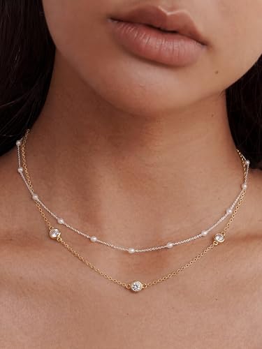 Image of Tewiky Dainty 14k Gold Plated /Silver Cubic Zirconia Necklaces for Women, Simple CZ Jewelry Necklaces Trendy Gifts