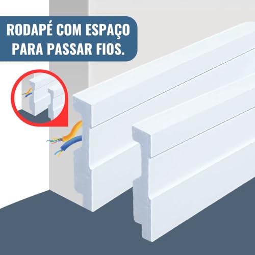 Rodapé de Poliestireno Frisado Branco 10cm (10x1x240cm) – Acabamento Moderno, Durável e Resistente,