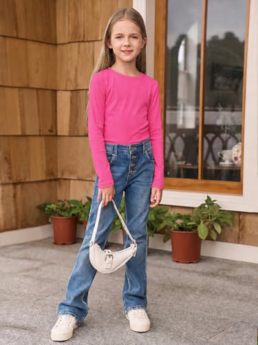 Image of Haloumoning Girls Long Sleeve Shirts Crewneck Ruched Side Slim Fit Tops Ribbed Knit Casual Tee Shirt 4-15 Years