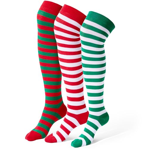 Giggling Getup 3 pares de calcetines largos a rayas para mujer, calcetines de Navidad sobre la rodilla, calcetines de elfo para mujer, fiesta de cosplay, regalo de cumpleaños, Rojo, blanco, verde,