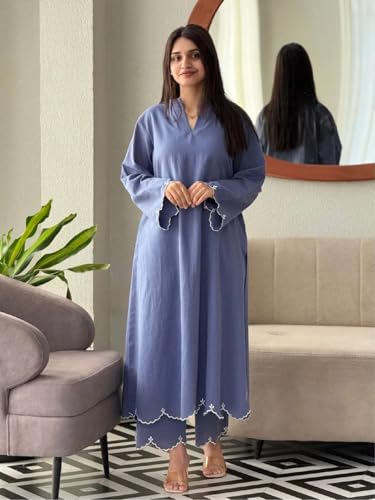 Image of ANNI Designer Women Viscose Embroidered Straight Kurta with Palazzo | V Neck Long Sleeve Kurta Set | Ethnic Kurta Palazzo Set for Women