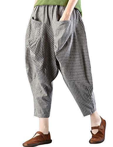 Women's Elastic Waist Striped Harem Pants Casual Trousers Style 1 Grey2