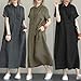 Ruereuu Women's Solid Color Cotton Linen Lapel Short Sleeve Dress Dark gray9 S