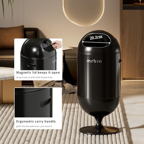 Image of MRBIN Metal Trash Can with Lid, 5.3 Gallons / 20L Medium Decorative Waste Basket, Round Tall Garbage with High Leg for Bathroom, Office, Bedroom, Kitchen, Black