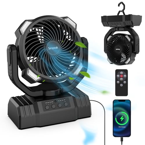 Simpeak Ventilador Recargable, 10000mAh USB Potente Ventilador de Camping, Ventilador Oscilante Automático de 4 Velocidades con Luz LED, Control Remoto y Gancho para Oficina, Hogar, Camping - Negro