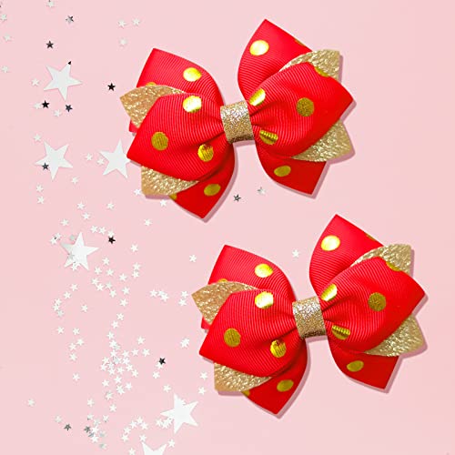 Polka Dot Hair Bows Red 4" Toddlers Kids Girls Cute Christmas Grosgrain Ribbon Bow Clip Mouse Alligator Barrettes Women Holiday Costume Decor Accessories Little Teen Baby Girl Xmas Gift #TOP5